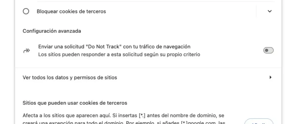 Configuración en español con la sección Sitios que pueden usar cookies de terceros