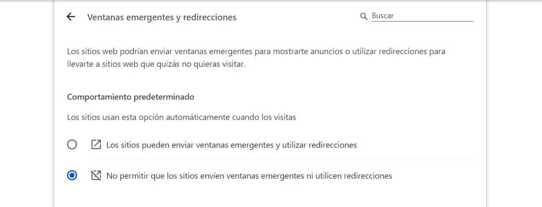 Configuración de ventanas emergentes en español con el bloqueo general activado