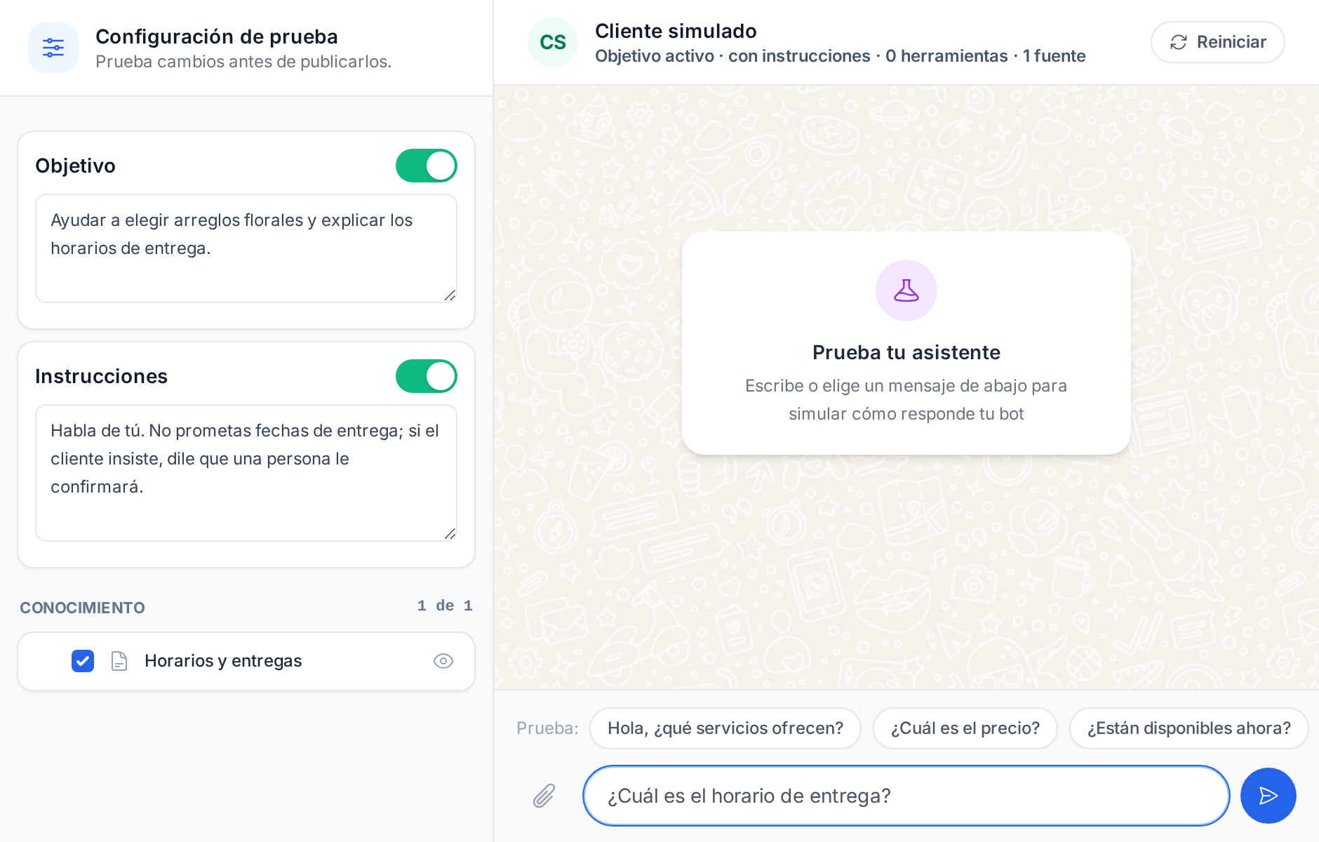 Configuración de prueba y pregunta preparada en Chatea con tu IA