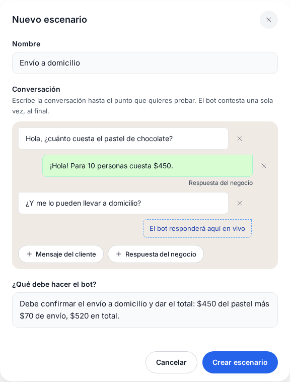 Escenario con una respuesta del bot escrita por el autor