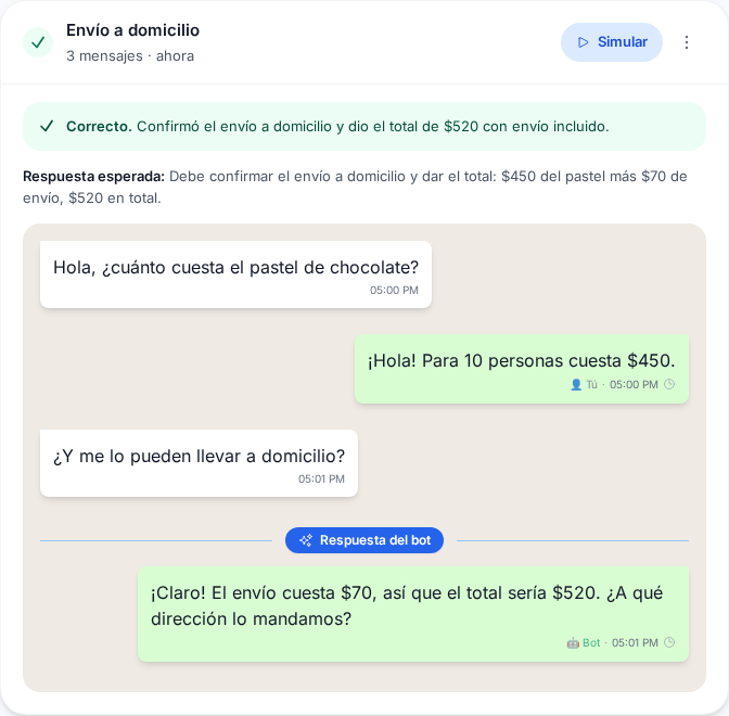 Resultado de una simulación con una respuesta escrita por el autor
