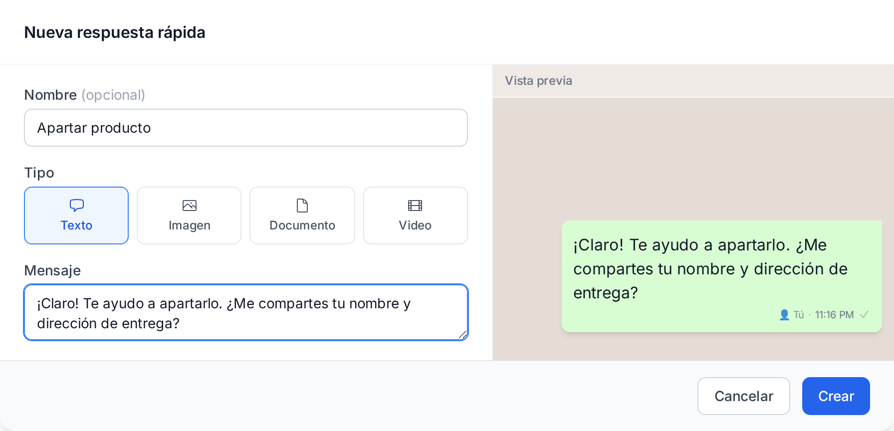 Formulario Nueva respuesta rápida con su vista previa