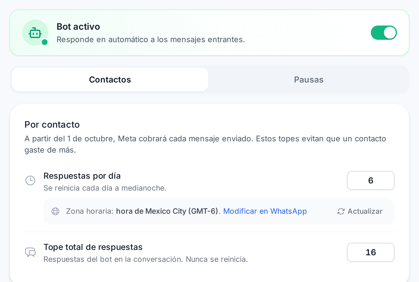 Interruptor Bot activo y topes por contacto en Controles