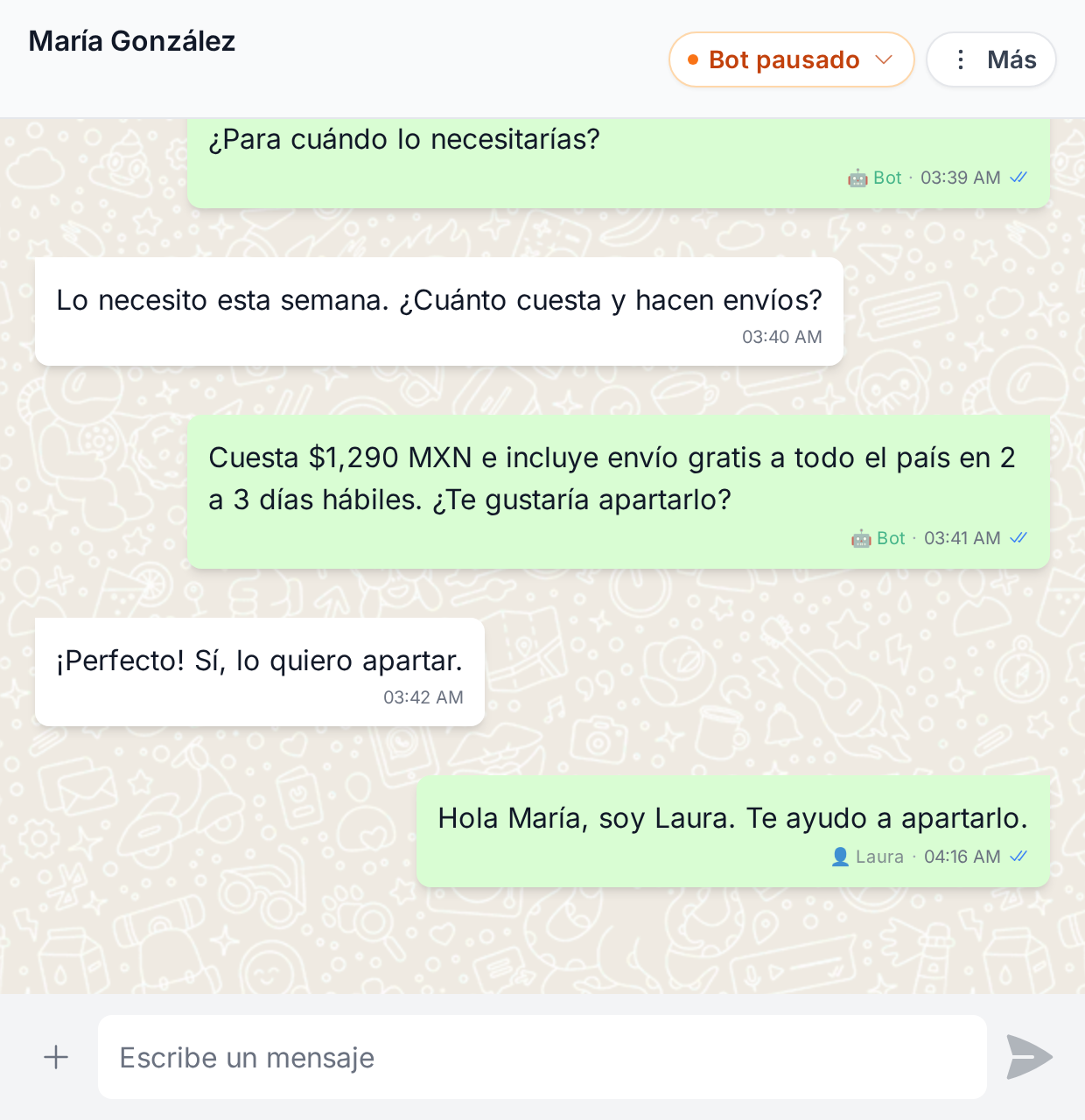 Respuesta humana y estado Bot pausado en un chat de prueba