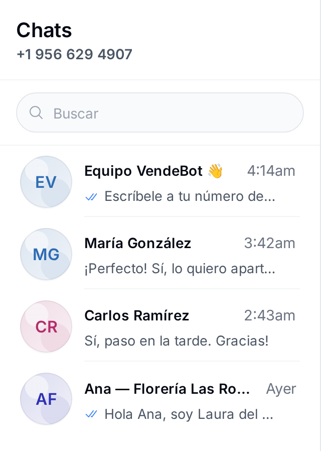 Buscador y lista de chats de una cuenta de prueba