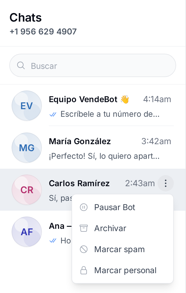 Menú Acciones de la conversación abierto en la lista de chats