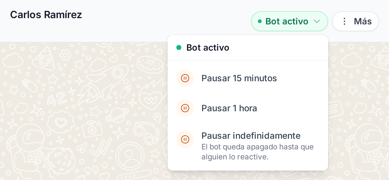 Opciones de pausa del bot en un chat de prueba